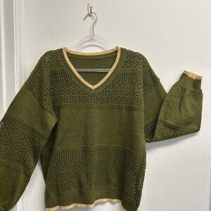 Olive Green V-Neck Pointelle Knit Sweater